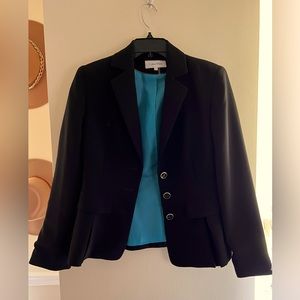 Black Calvin Klein blazer; size 6; pleated design with silver and black buttons